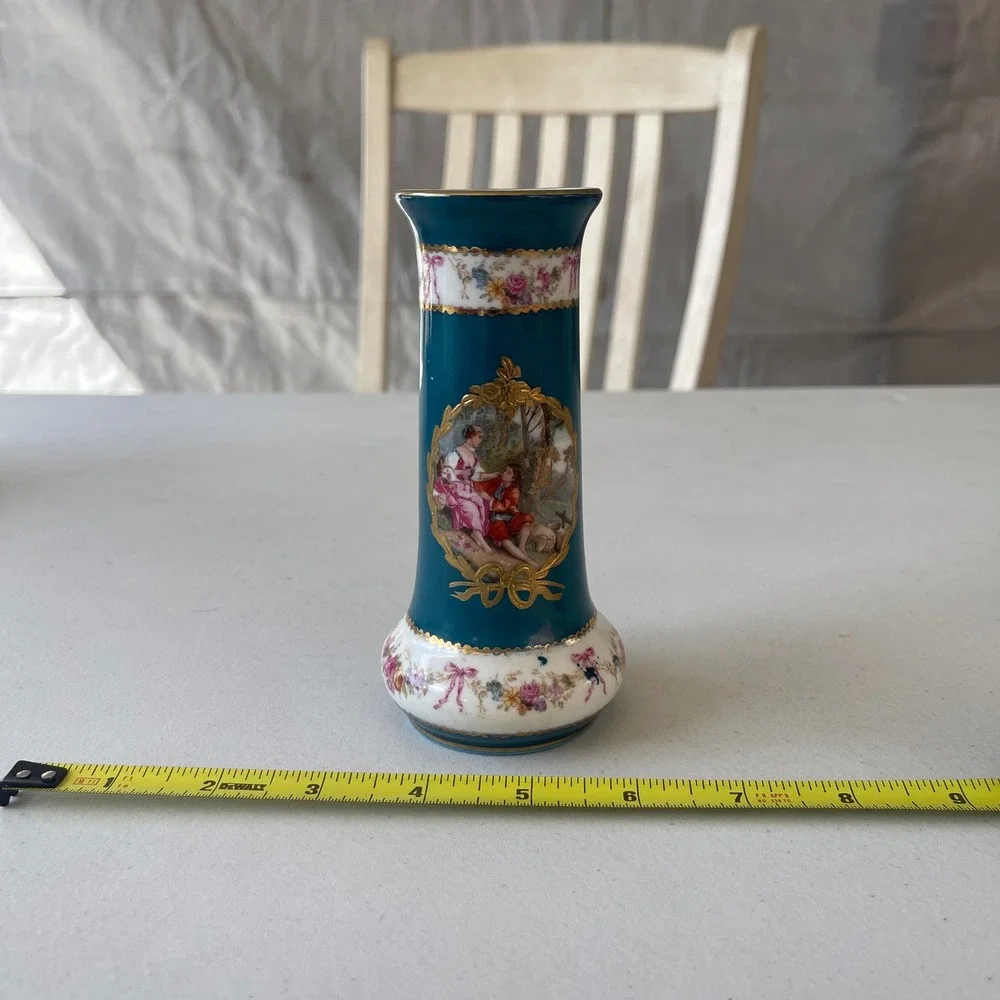 Vintage Teal Porcelain Bud Vase Fragonard Courting Scene Gold Gilt Floral 5.25in